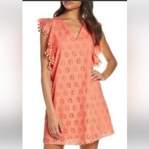 Lilly Pulitzer. Cotton dress peach color lined palm tree eyelet Pom Pom trim